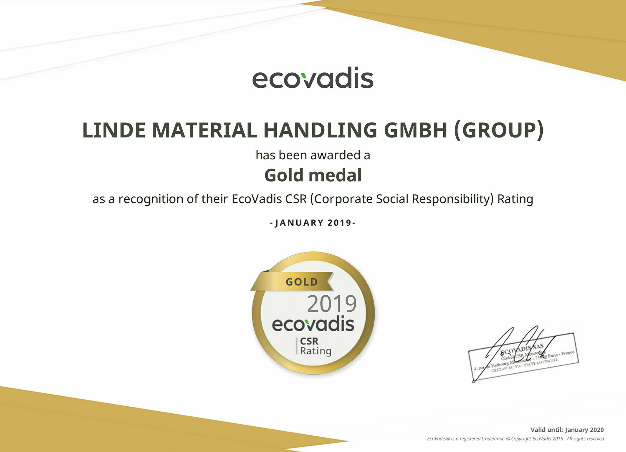 Linde Material Handling recebe a medalha pelo trabalho na responsabilidade social corporativa