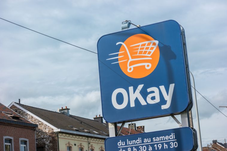 EUPEN, GERMANY OCTOBER, 2017: OKay supermarket logo sign. OKay is a neighbourhood stores supermarket chain of the Colruyt Group.