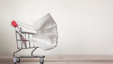 Shopping,Trolley,With,Medical,Mask.,Coronavirus,Pandemic,,Covid-19,Shopping,Concept.