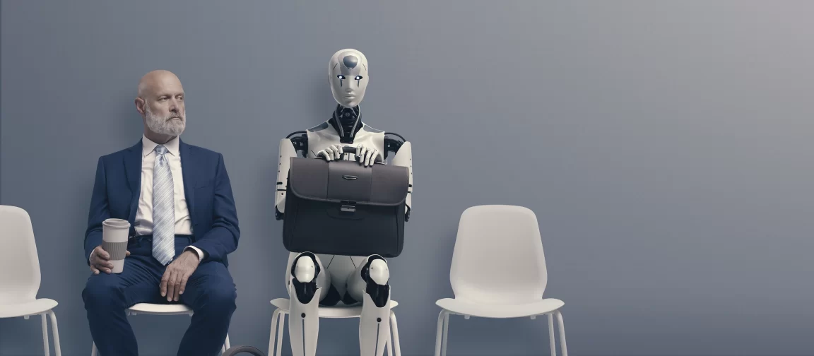Man and AI robot waiting for a job interview: AI vs human competition