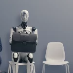 Man and AI robot waiting for a job interview: AI vs human competition