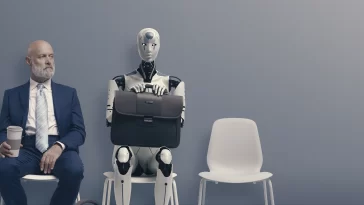 Man and AI robot waiting for a job interview: AI vs human competition