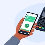 Retailer holding a POS terminal machine and customer paying using his smartphone, banner with copy space