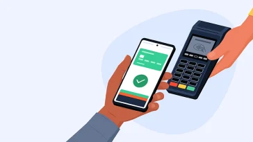 Retailer holding a POS terminal machine and customer paying using his smartphone, banner with copy space