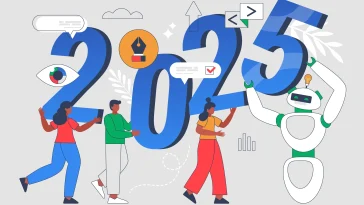 Tendências, planos e conceito de negócio de crescimento do Ano Novo 2025. Ilustração vetorial moderna de pessoas analisando tendências e usando tecnologia de IA