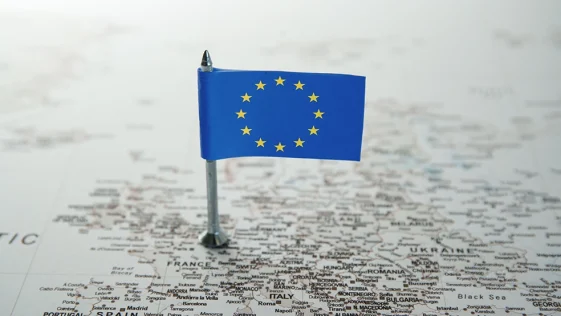 European Union flag on Europe political map. High quality photo