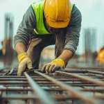 Um operário de construção em um chapéu rígido amarelo e colete reflexivo está ajoelhado em um canteiro de obras, organizando cuidadosamente vergalhões de aço.