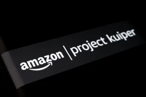Amazon Project Kuiper logo seen on smartphone screen. Amazon's Project Kuiper is a global broadband access through a constellation of satellites.