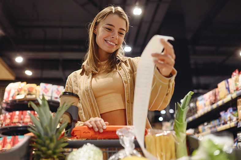 Young happy customer woman wears casual clothes read check bill shopping at supermaket store grocery shop buying with trolley cart choose products in hypermarket. Purchasing food gastronomy concept