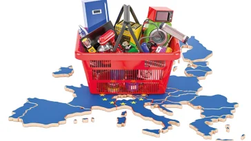 Map of European Union with shopping basket full of home and kitchen appliances, 3D rendering