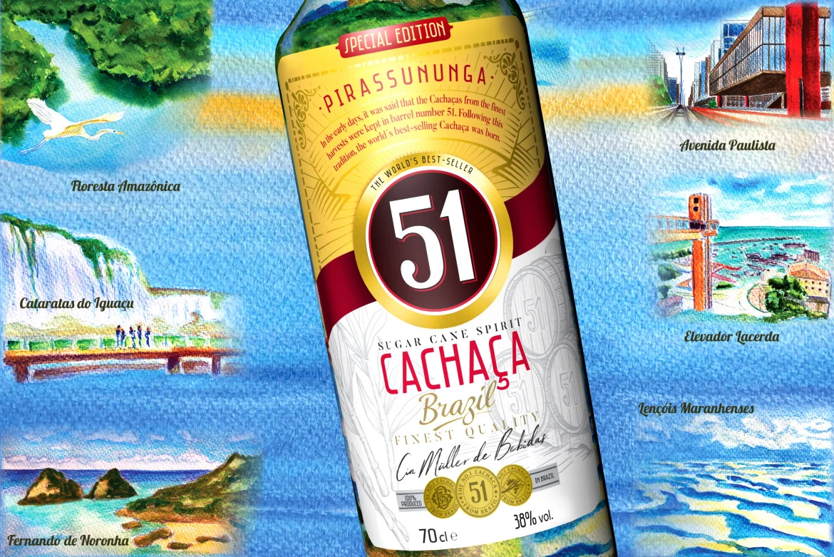 Nova embalagem decorativa Cachaça 51 Pirassununga chega a Portugal
