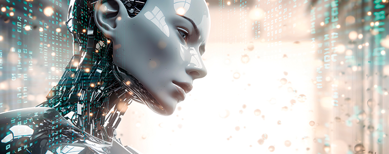 Portrait of female robot, android face, Artificial intelligence concept render 3d illustration