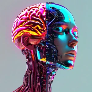 Futuristic vector-style image of ai versus human brain