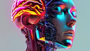 Futuristic vector-style image of ai versus human brain