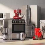 Set of home kitchen appliances in the room with sun light. 3d illustration