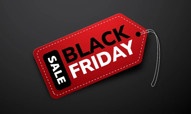 Black Friday Sale Red Tag no fundo preto isolado. Adequado para Feriado de Negócios Black Friday