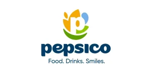 Logótipo da PepsiCo com o lema “Food. Drinks. Smiles.”