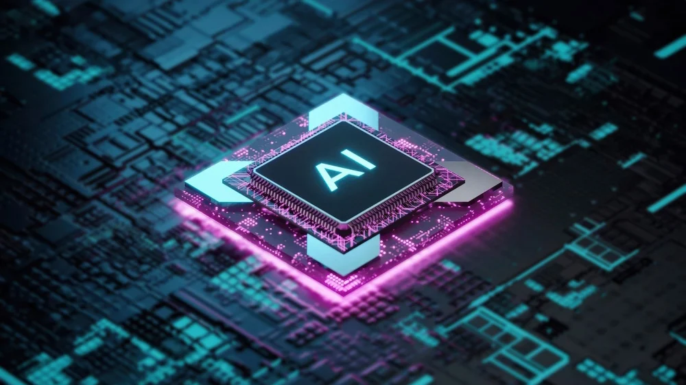 Chip de inteligência artificial (AI) em destaque sobre circuito eletrónico futurista, representando tecnologia avançada e processamento de dados