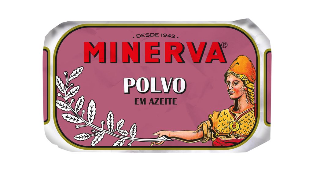 Lata de polvo em azeite Minerva, embalagem clássica rosa com ilustração da deusa Minerva e indicação “Desde 1942”