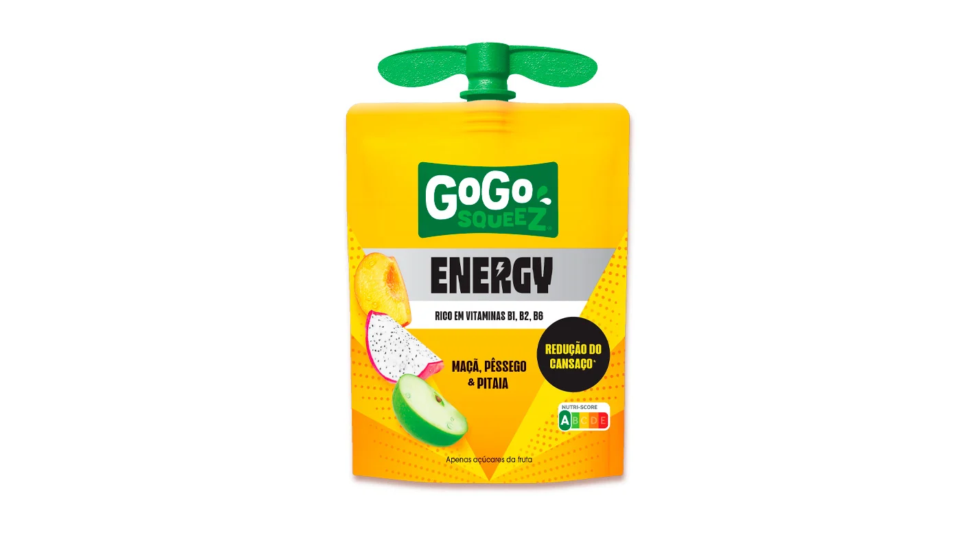 Embalagem de puré de fruta GoGo squeeZ Energy, maçã, pêssego e pitaia, com vitaminas B1, B2 e B6