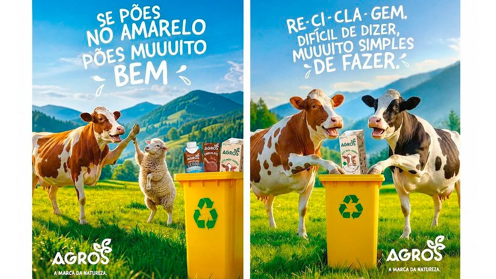 Campanha da Agros sobre reciclagem, com vacas e uma ovelha junto a um ecoponto amarelo com embalagens de leite