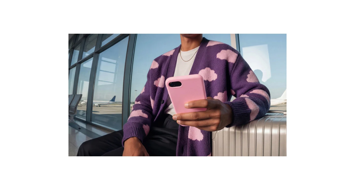 Mulher sentada num aeroporto a segurar um telemóvel rosa, com um casaco roxo às nuvens