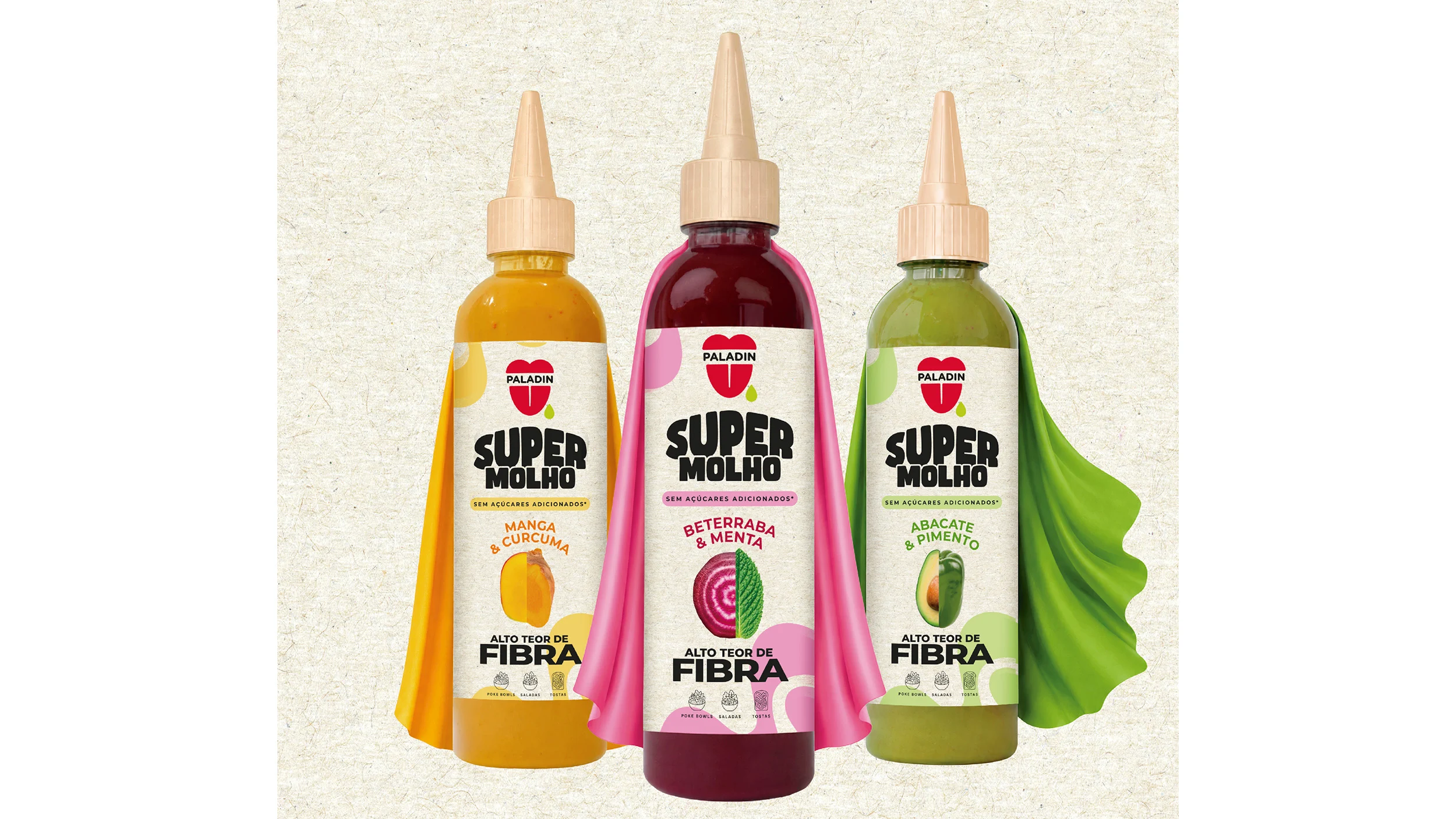 Três embalagens Paladin Super Molho nos sabores manga e curcuma, beterraba e menta, e abacate e pimento, com alto teor de fibra