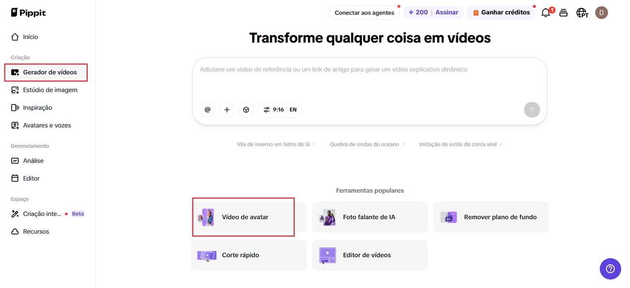 Tela do Pippit com o menu “Gerador de vídeos” e a opção “Vídeo de avatar” destacada para criar um avatar em vídeo