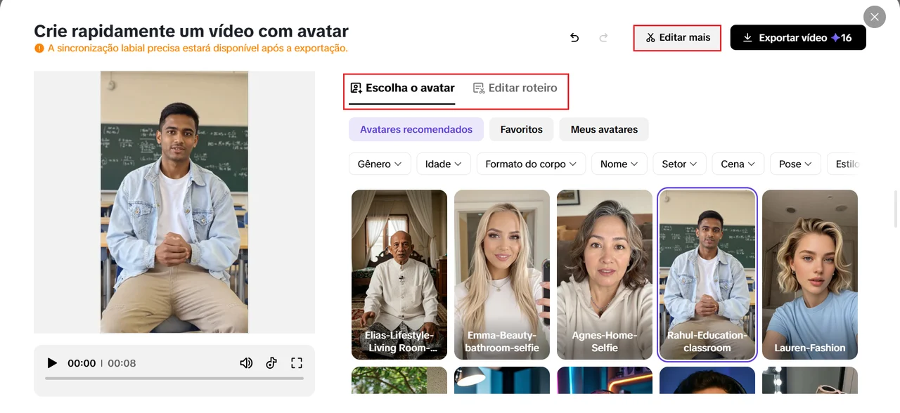 Interface de criação de vídeo com avatar, com um avatar selecionado e opções para editar o roteiro e exportar o vídeo