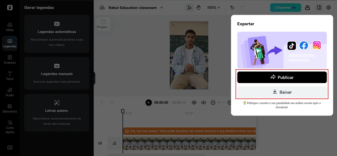 Interface de edição de vídeo com a janela “Exportar”, mostrando os botões “Publicar” e “Baixar”