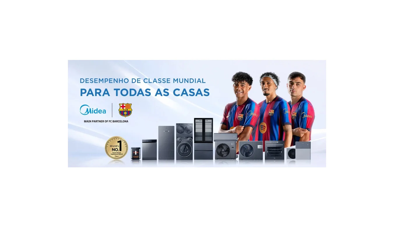 Publicidade da Midea e do FC Barcelona com eletrodomésticos e três jogadores do Barcelona
