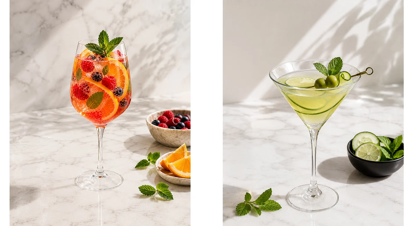 Dois cocktails em taça: um vermelho com frutos vermelhos e laranja, e outro verde com lima e pepino