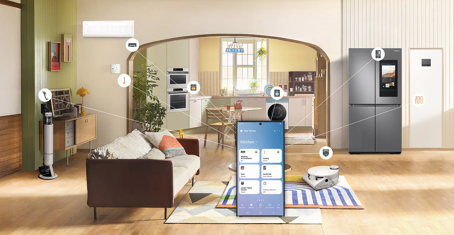 Casa inteligente com vários eletrodomésticos ligados a uma app de controlo centralizada
