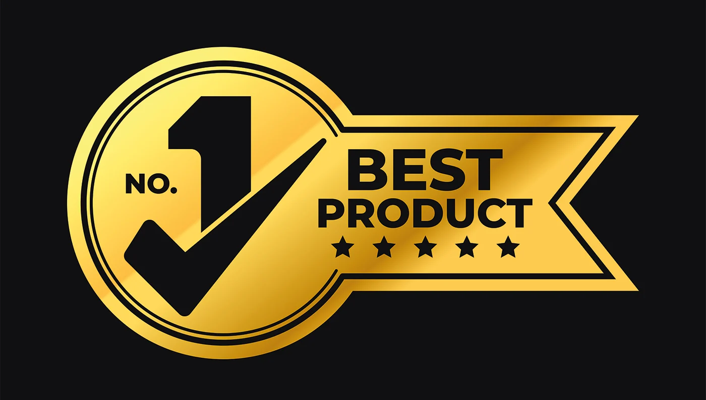 Selo dourado com “No. 1 Best Product” e cinco estrelas, com visto de aprovação, alegações de marketing