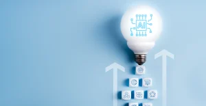 Lâmpada com símbolo de inteligência artificial e setas ascendentes, representando inovação e crescimento tecnológico