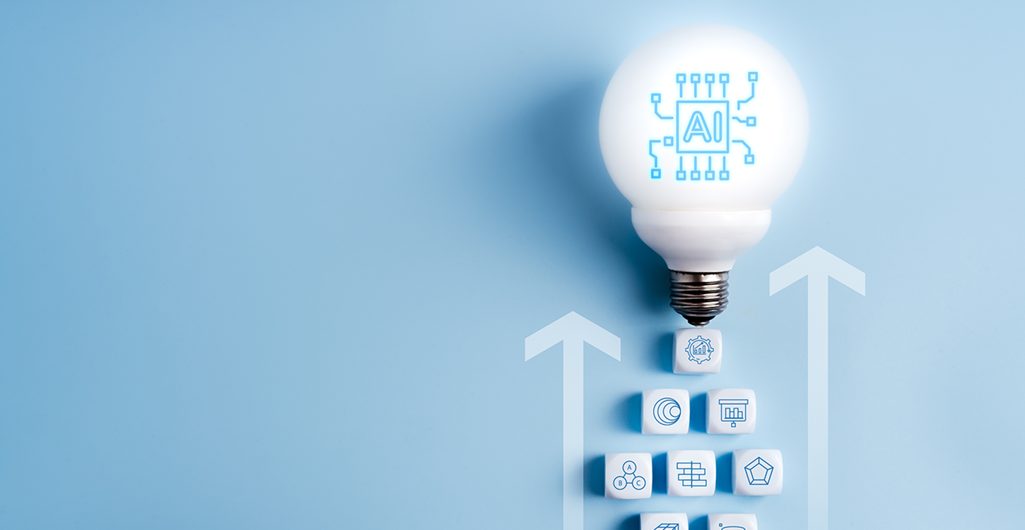 Lâmpada com símbolo de inteligência artificial e setas ascendentes, representando inovação e crescimento tecnológico
