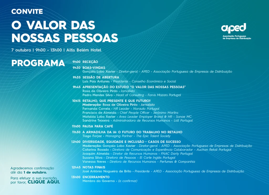 Convite APED informa que a confirmação deve ser feita até 1 de outubro e solicita inscrição no evento