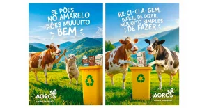 Anúncio da Agros sobre reciclagem: animais colocam embalagens no ecoponto amarelo. «Se pões no amarelo, pões muuuuito bem.»