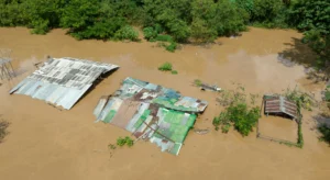 Cheias cobrem estruturas e casas de chapa junto a uma margem arborizada