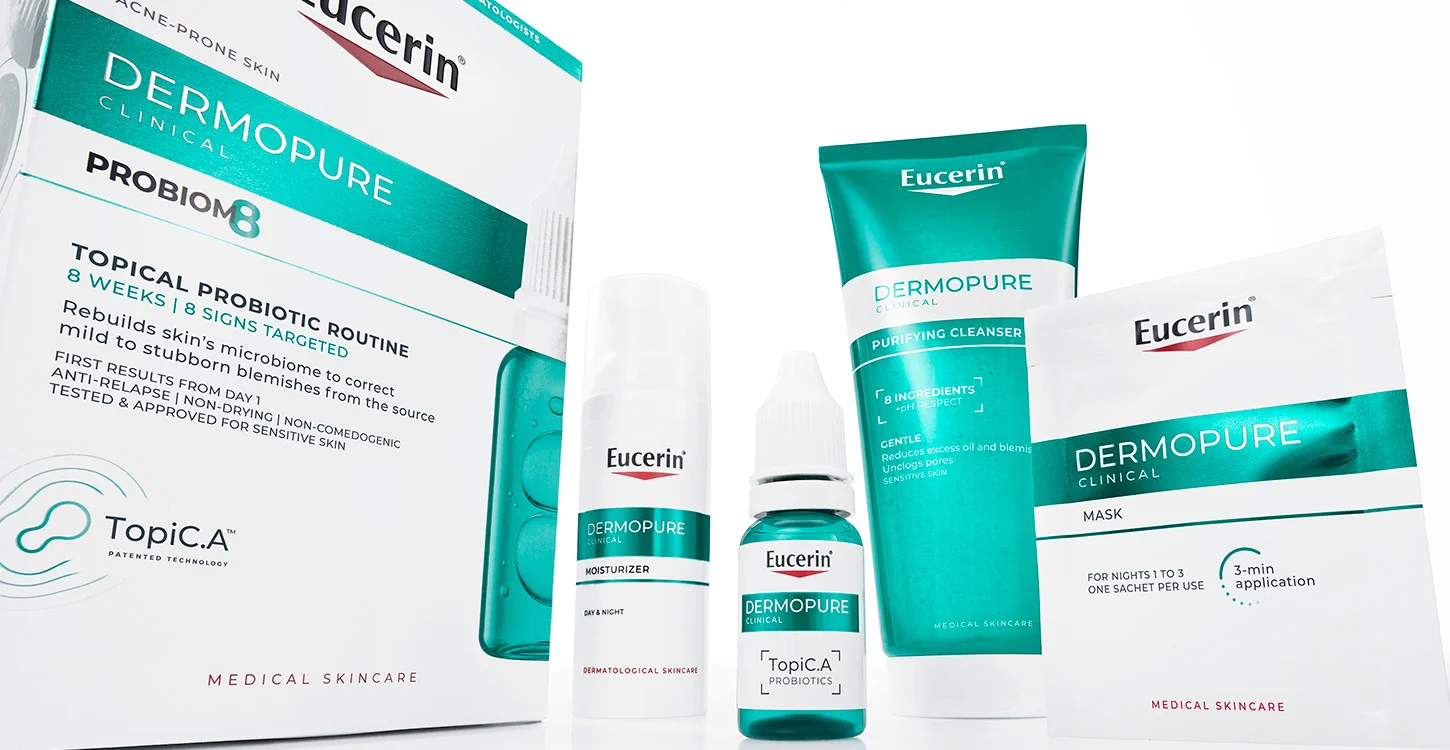 Gama Eucerin DermoPure Clinical com gel de limpeza, hidratante, sérum e máscara para pele propensa a acne