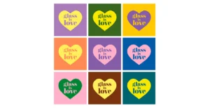 Grelha 3×3 de nove corações coloridos com a frase “glass is love”