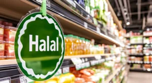 Sinal verde com a palavra «Halal» numa prateleira de supermercado