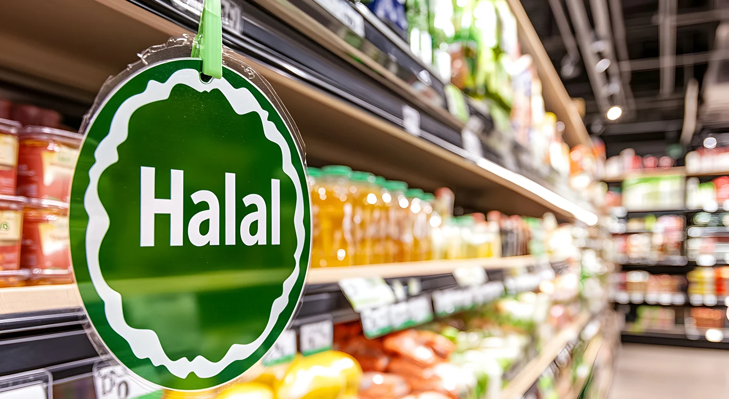 Sinal verde com a palavra «Halal» numa prateleira de supermercado
