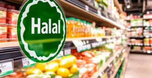 Sinal circular com a palavra «Halal» numa prateleira de supermercado