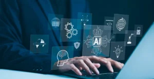 A person working on a laptop, surrounded by digital icons representing artificial intelligence and technology.