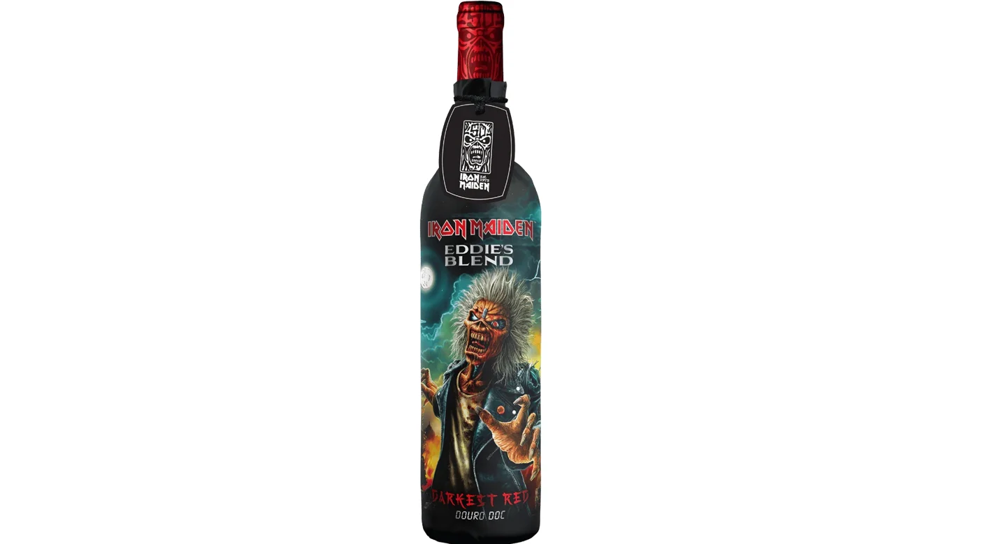 Garrafa de vinho Iron Maiden Eddie’s Blend, Darkest Red, com imagem de Eddie no rótulo