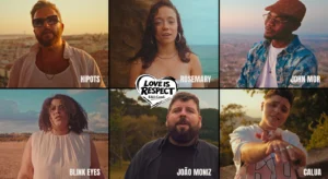 Montagem com retratos de Hipots, Rosemary, John Mor, Blink Eyes, João Muniz e Calua, com o lema “Love is Respect”