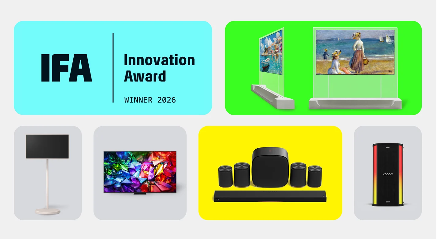 Colagem com o prémio IFA Innovation Award 2026 e vários produtos eletrónicos, incluindo televisores, colunas e sistema de som