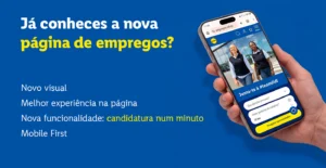 Banner do Lidl anuncia nova página de empregos, com novo visual, melhor experiência, candidaturas num minuto e design mobile first