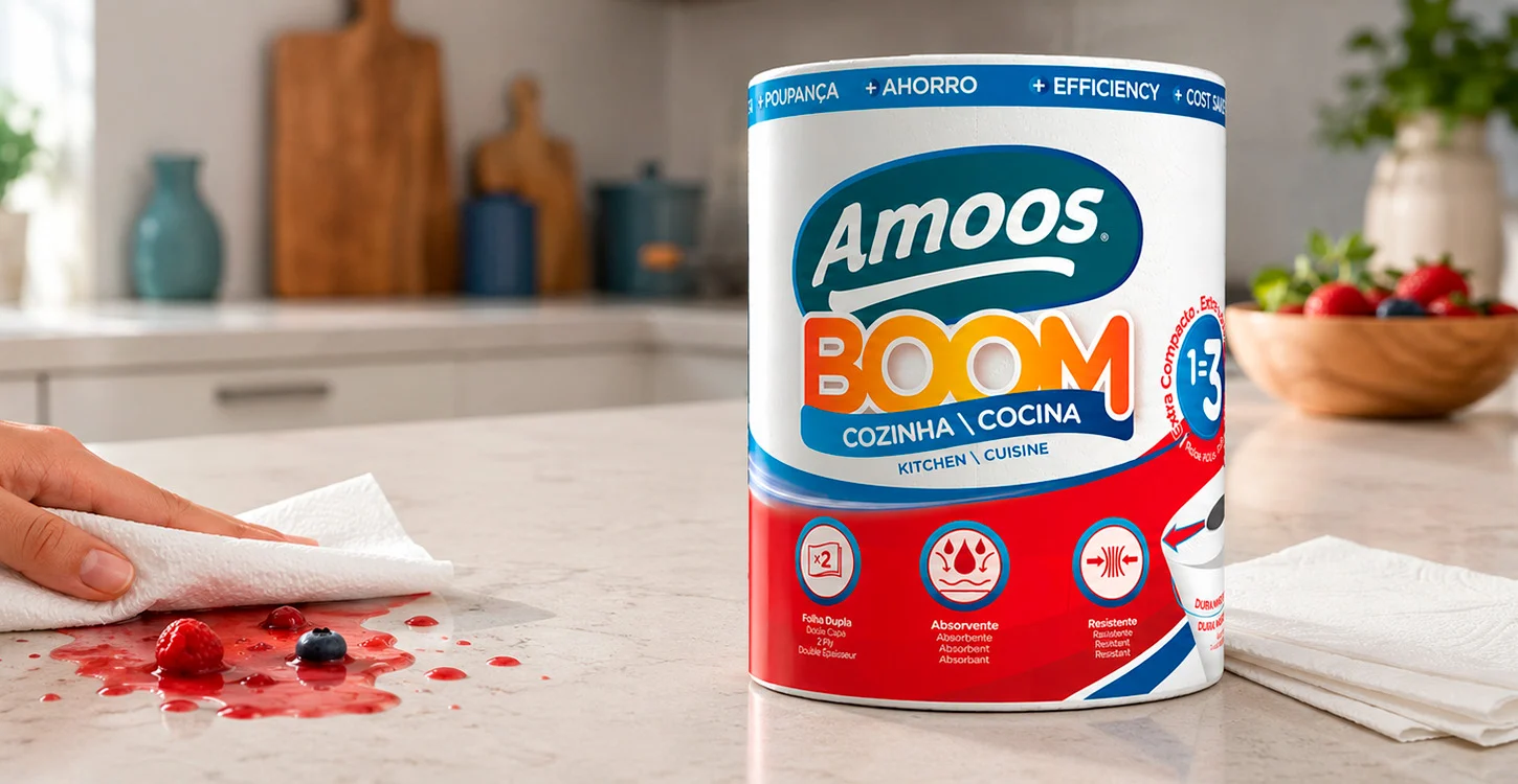 Rolo de papel de cozinha Amoos Boom junto a fruta e sumo derramado, enquanto uma mão limpa a bancada